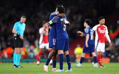 Paris Saint Germain's Willian Pacho (left) and Marquinhos celebrate following the UEFA Champions League semi final, first leg match at the Emirates Stadium, London. Picture date: Tuesday April 29, 2025.