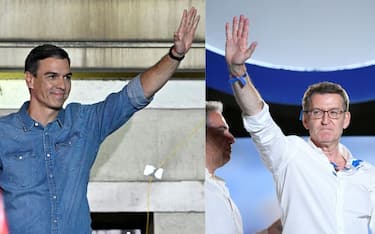 (COMBO) This combination of pictures created on July 24, 2023 shows Spanish Prime Minister and Socialist Party (PSOE) candidate for re-election Pedro Sanchez (R) and leader and candidate of conservative Partido Popular (People's Party) Alberto Nunez Feijoo waving at their headquarters in Madrid after Spain's general election on July 23, 2023. The Spanish right is only just slightly ahead of the socialists of Prime Minister Pedro Sanchez, who maintains a chance to stay in power through the game of alliances, following Spain's general election. (Photo by JAVIER SORIANO and OSCAR DEL POZO / AFP) (Photo by JAVIER SORIANO,OSCAR DEL POZO/AFP via Getty Images)
