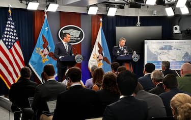 WASHINGTON, UNITED STATES - JUNE 22: US Secretary of Defense Pete Hegseth (L) and Chairman of the Joint Chiefs of Staff Air Force Gen. Dan Caine (R) attend press conference at Pentagon in Washington, United States on June 22, 2025. (Photo by Yasin Ozturk/Anadolu via Getty Images)