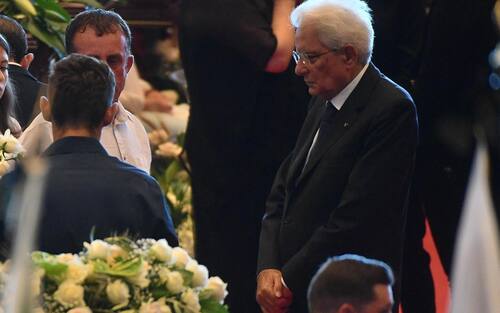 Italian President Sergio Mattarella attends the State funeral for the victims of the Genoa highway-bridge-collapse disaster, Genoa, Italy, 18 August 2018. The Morandi bridge partially collapsed on 14 August, killing at least 41 people. ANSA/LUCA ZENNARO