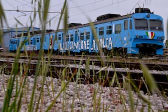 The blue train of the Circumflegrea that has just come out of the restyling to celebrate, with the fans that it will transport to the Maradona stadium, the third scudetto of Napoli, in Naples, Italy, 29 April 2023, ANSA / CIRO FUSCO