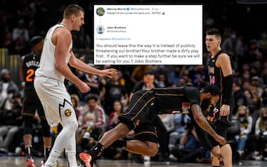 DENVER, CO - NOVEMBER 8: Nikola Jokic (15) of the Denver Nuggets hits Markieff Morris (8) of the Miami Heat with a retaliatory blow after Morris bumped Jokic near mid court during the fourth quarter of Denver"u2019s 113-96 win on Monday, November 8, 2021. The altercation resulted in an ejection for Jokic and a flagrant and two for Morris. (Photo by AAron Ontiveroz/MediaNews Group/The Denver Post via Getty Images)