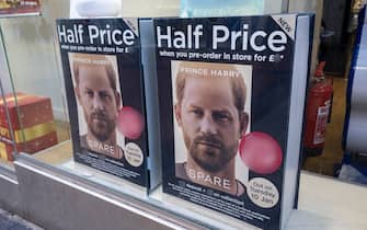 Half price pre-order offer on the book Spare by Prince Harry the Duke of Sussex in the shop window of WHSmith on 16th December 2022 in Birmingham, United Kingdom. Spare is a forthcoming memoir by Prince Harry which is due to be published in January 2023. (photo by Mike Kemp/In Pictures via Getty Images)