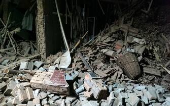 A view of the debris of a house brought down in the earthquake in Jishishan county in northwest China's Gansu province Tuesday, Dec. 19, 2023. A magnitude-6.2 earthquake jolted the remote and mountainous county around midnight on Tuesday, killing at least 111 people and injuring more than 230, according to Chinese state media.  (Photo by FEATURECHINA/Newscom/Sipa USA)