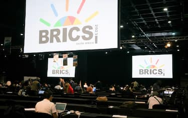 JOHANNESBURG, SOUTH AFRICA - AUGUST 23: Journalists work at the media center of the 15th BRICS Summit on August 23, 2023 in Johannesburg, South Africa. (Photo by Sheng Jiapeng/China News Service/VCG via Getty Images)