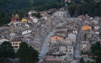 View of Amatrice from a hill one year after the earthquake that during the night of August 24, 2016 destroyed the city. (Photo by Matteo Nardone / Pacific Press)