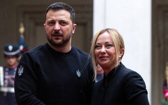 Italian Prime Minister Giorgia Meloni receives Ukraine's President Volodymyr Zelensky at Chigi Palace during his visit to Italy for the first time since the beginning of the Russian invasion, in Rome, Italy, 13 May 2023. ANSA/ANGELO CARCONI