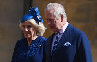 epa10565993 Britain's King Charles III (R) and Camilla, the  Queen Consort arrive for the Easter Sunday service at St Georges Chapel at Windsor Castle in Windsor, Britain, 09 April 2023.  EPA/NEIL HALL