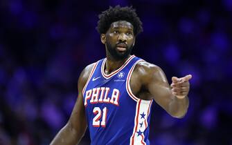 PHILADELPHIA, PENNSYLVANIA - NOVEMBER 06: Joel Embiid #21 of the Philadelphia 76ers reacts during the first quarter against the Washington Wizards at the Wells Fargo Center on November 06, 2023 in Philadelphia, Pennsylvania. NOTE TO USER: User expressly acknowledges and agrees that, by downloading and or using this photograph, User is consenting to the terms and conditions of the Getty Images License Agreement. (Photo by Tim Nwachukwu/Getty Images)