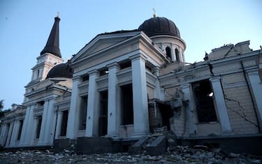 This photograph taken early on July 23, 2023, shows the Transfiguration Cathedral building damaged as a result of a missile strike in Odesa. At least one person was killed and more than 15 wounded in a Russian attack on the southern Ukrainian port city of Odesa, the governor of the region said. (Photo by Oleksandr GIMANOV / AFP) (Photo by OLEKSANDR GIMANOV/AFP via Getty Images)