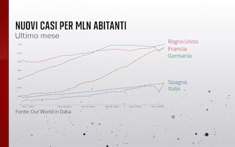 Grafiche coronavirus: i nuovi casi nell'ultimo mese nei diversi Paesi