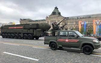 MOSCOW, RUSSIA - MAY, 6 (RUSSIA OUT) Russian Yars ballistic nuclear missiles on mobile launchers roll at Red Square in Moscow, Russia, during the Victory Day military parade rehearsals, May,6 2018. The military parade is planned on May,9 to mark the 73th annniversary of the end of WWII. ( Photo by Mikhail Svetlov/Getty Images)