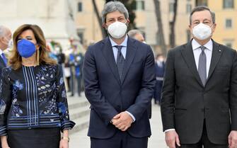 La presidente del Senato Maria Elisabetta Alberti Casellati, il presidente della Camera, Roberto Fico e il presidente del Consiglio, Mario Draghi
