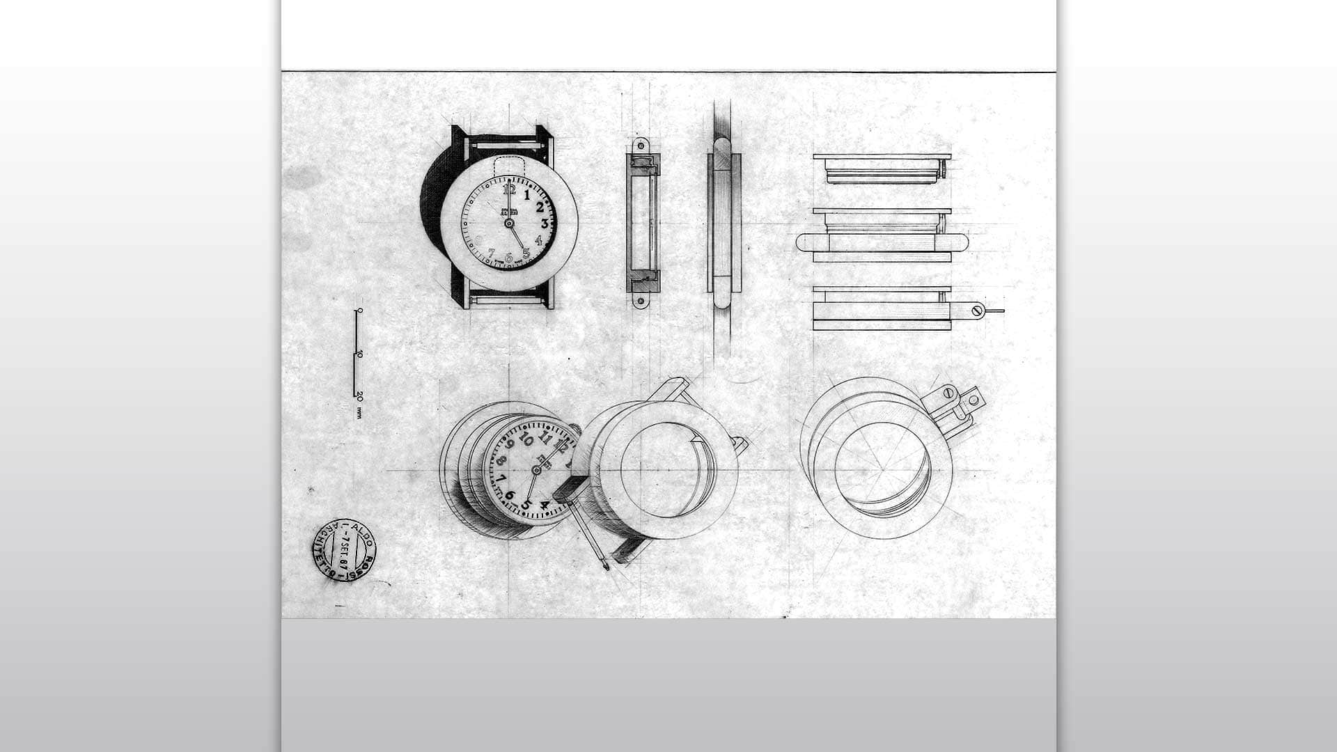 Aldo Rossi, Studio per orologio da polso Momento, 1987. Museo Alessi. © Eredi Aldo Rossi, courtesy Fondazione Aldo Rossi