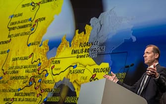 epaselect epa10938013 Tour de France General Director Christian Prudhomme speaks as he unveils the map of the stages during the presentation of the Men and Women Tour de France 2024 cycling race in Paris, France, 25 October 2023. The 111th edition of the Tour de France will start from Florence, Italy, on 29 June 2024 and will arrive in Nice, France, on 23 July 2024.  EPA/CHRISTOPHE PETIT TESSON