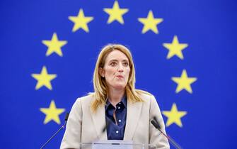 epa10465268 European Parliament President Roberta Metsola speaks during the opening session of the European Parliament in Strasbourg, France, 13 February 2023. The session of the European Parliament runs from 13 till 16 February.  EPA/JULIEN WARNAND