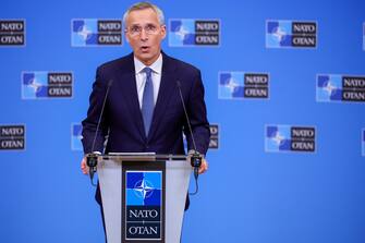 epa10997410 NATO Secretary General Jens Stoltenberg holds a press conference ahead of a two-day NATO Foreign Minister Council in Brussels, Belgium, 27 November 2023.  EPA/OLIVIER MATTHYS