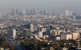 epa10830275 A view of Hollywood and Downtown in Los Angeles, California, USA, 30 August 2023.  EPA/CAROLINE BREHMAN