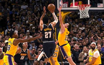DENVER, CO - APRIL 29: Jamal Murray #27 of the Denver Nuggets makes the game winning shot during the game against the Los Angeles Lakers during Round One Game Five of the 2024 NBA Playoffs on April 29, 2024 at the Ball Arena in Denver, Colorado. NOTE TO USER: User expressly acknowledges and agrees that, by downloading and/or using this Photograph, user is consenting to the terms and conditions of the Getty Images License Agreement. Mandatory Copyright Notice: Copyright 2024 NBAE (Photo by Bart Young/NBAE via Getty Images)