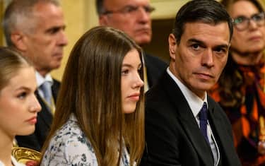 MADRID, SPAIN - OCTOBER 31: Prime Minister Pedro Sanchez reacts during the ceremony of Crown Princess Leonor swearing allegiance to the Spanish constitution at the Spanish Parliament on the day of her 18th birthday on October 31, 2023 in Madrid, Spain. (Photo by Juan Naharro Gimenez/Getty Images)