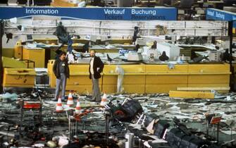 A scene of destruction at the airport in Frankfurt on the 19th of June in 1985 after the bomb explosion, in which three people died and 74 were injured. Palestinian guerilla leader Abu Nidal is said to be responsible for the attack. (Photo by Jörg Schmitt/picture alliance via Getty Images)