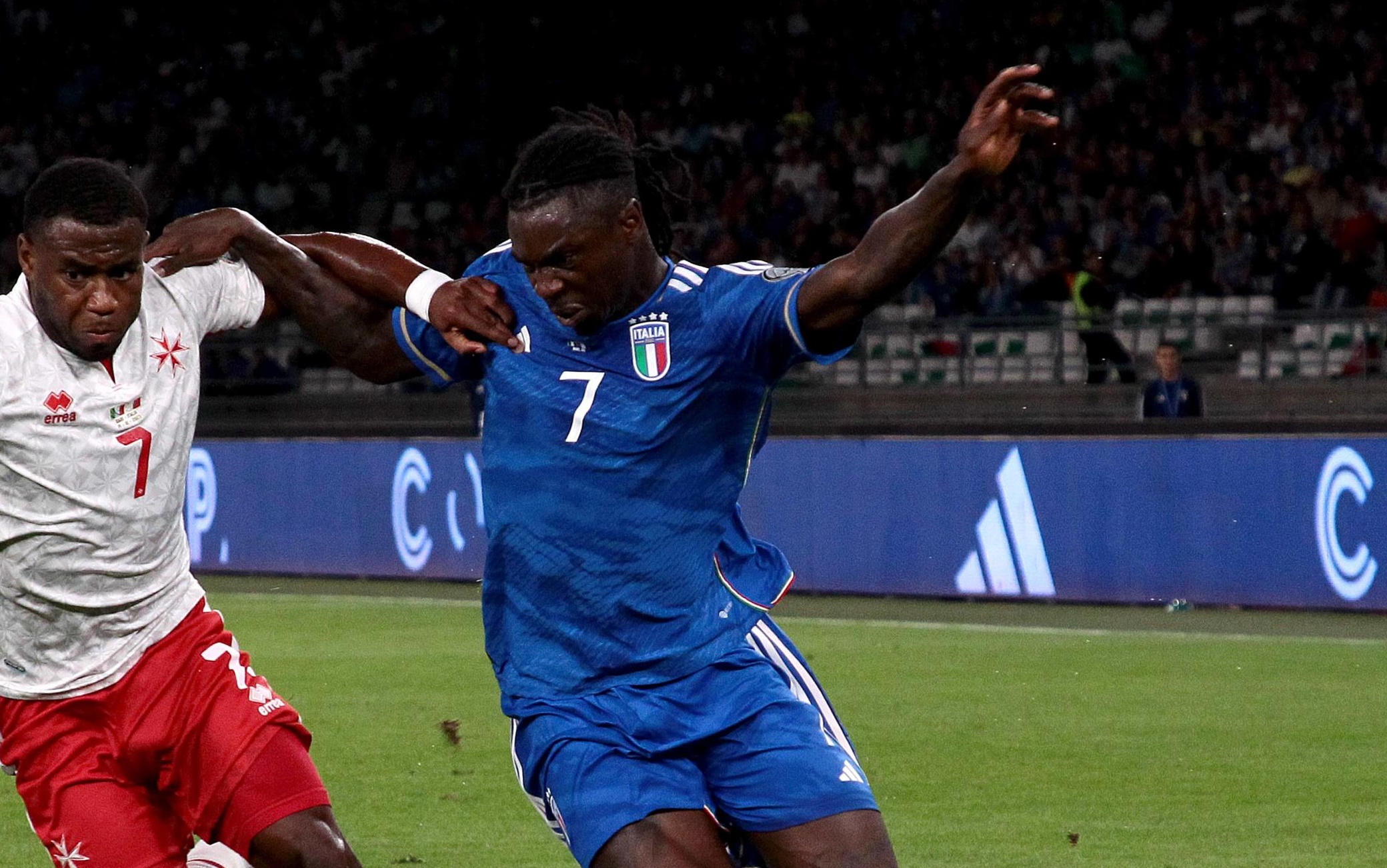 Italy's Moise Kean (R) and Malta's Joseph Mbong in action during the UEFA EURO 2024 qualifying soccer match between Italy and Malta at the San Nicola stadium in Bari, Italy, 14 October 2023.
ANSA/DONATO FASANO