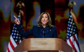 epaselect epa11561025 Democratic presidential nominee and US Vice President Kamala Harris speaks during the final night of the Democratic National Convention (DNC) at the United Center in Chicago, Illinois, USA, 22 August, 2024. The 2024 Democratic National Convention is being held from 19 to 22 August 2024, during which delegates of the United States' Democratic Party will vote on the party's platform and ceremonially vote for the party's nominee for president, Vice President Kamala Harris, and for vice president, Governor Tim Walz of Minnesota, for the upcoming presidential election.  EPA/WILL OLIVER
