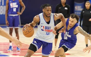 CHICAGO, IL - MAY 13: Bronny James dribbles the ball during the game during the 2024 NBA Combine on May 13, 2024 at Wintrust Arena in Chicago, Illinois. NOTE TO USER: User expressly acknowledges and agrees that, by downloading and or using this photograph, User is consenting to the terms and conditions of the Getty Images License Agreement. Mandatory Copyright Notice: Copyright 2024 NBAE (Photo by Jeff Haynes/NBAE via Getty Images)