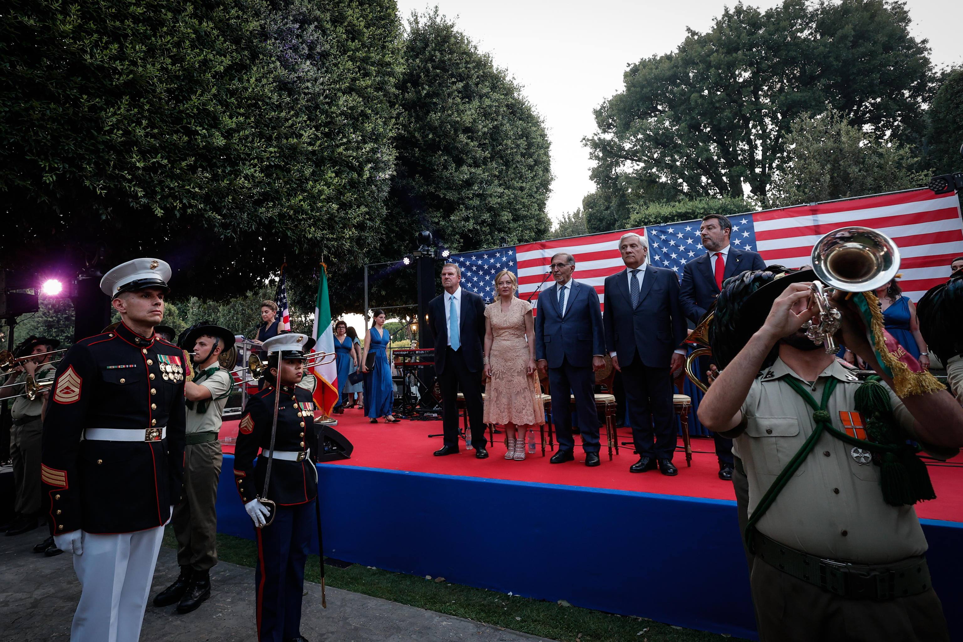 L'ambasciatore Usa in Italia Tilman Joseph Fertitta, la premier Meloni, Ignazio La Russa e il ministro degli Esteri Tajani a Villa Taverna, Roma, 2 luglio Usa-Italia