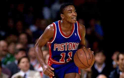 DETROIT - 1989:  Isiah Thomas #11 of the Detroit Pistons dribbles up court during a 1989 NBA game. NOTE TO USER: User expressly acknowledges that, by downloading and or using this photograph, User is consenting to the terms and conditions of the Getty Images License agreement. Mandatory Copyright Notice: Copyright 1989 NBAE (Photo by Andrew D. Bernstein/NBAE via Getty Images)