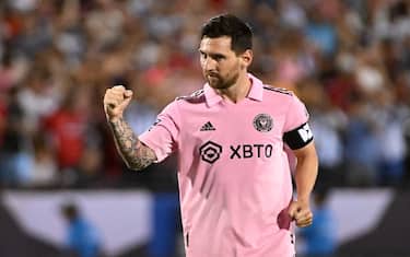 FRISCO, TEXAS - AUGUST 06: Lionel Messi #10 of Inter Miami CF reacts after making his penalty kick attempt during the Leagues Cup 2023 Round of 16 match between Inter Miami CF and FC Dallas at Toyota Stadium on August 06, 2023 in Frisco, Texas. (Photo by Logan Riely/Getty Images)