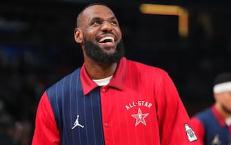 INDIANAPOLIS, IN - FEBRUARY 18: LeBron James #23 of the Western Conference smiles before the game against the Eastern Conference  during the NBA All-Star Game as part of NBA All-Star Weekend on Sunday, February 18, 2024 at Gainbridge Fieldhouse in Indianapolis, Indiana. NOTE TO USER: User expressly acknowledges and agrees that, by downloading and/or using this Photograph, user is consenting to the terms and conditions of the Getty Images License Agreement. Mandatory Copyright Notice: Copyright 2024 NBAE (Photo by Jesse D. Garrabrant/NBAE via Getty Images)