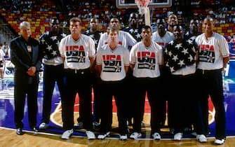 TORONTO - AUGUST 4: The USA Senior Men's National Team poses for a team picture prior to a game against the Spain Senior Men's National Team during the 1994 World Championships of Basketball on August 4, 1994 at the Maple Leaf Gardens in Toronto, Ontario, Canada. The United States defeated Spain 115-100. NOTE TO USER: User expressly acknowledges and agrees that, by downloading and or using this photograph, User is consenting to the terms and conditions of the Getty Images License Agreement. Mandatory Copyright Notice: Copyright 1994 NBAE (Photo by Andrew D. Bernstein/NBAE via Getty Images)