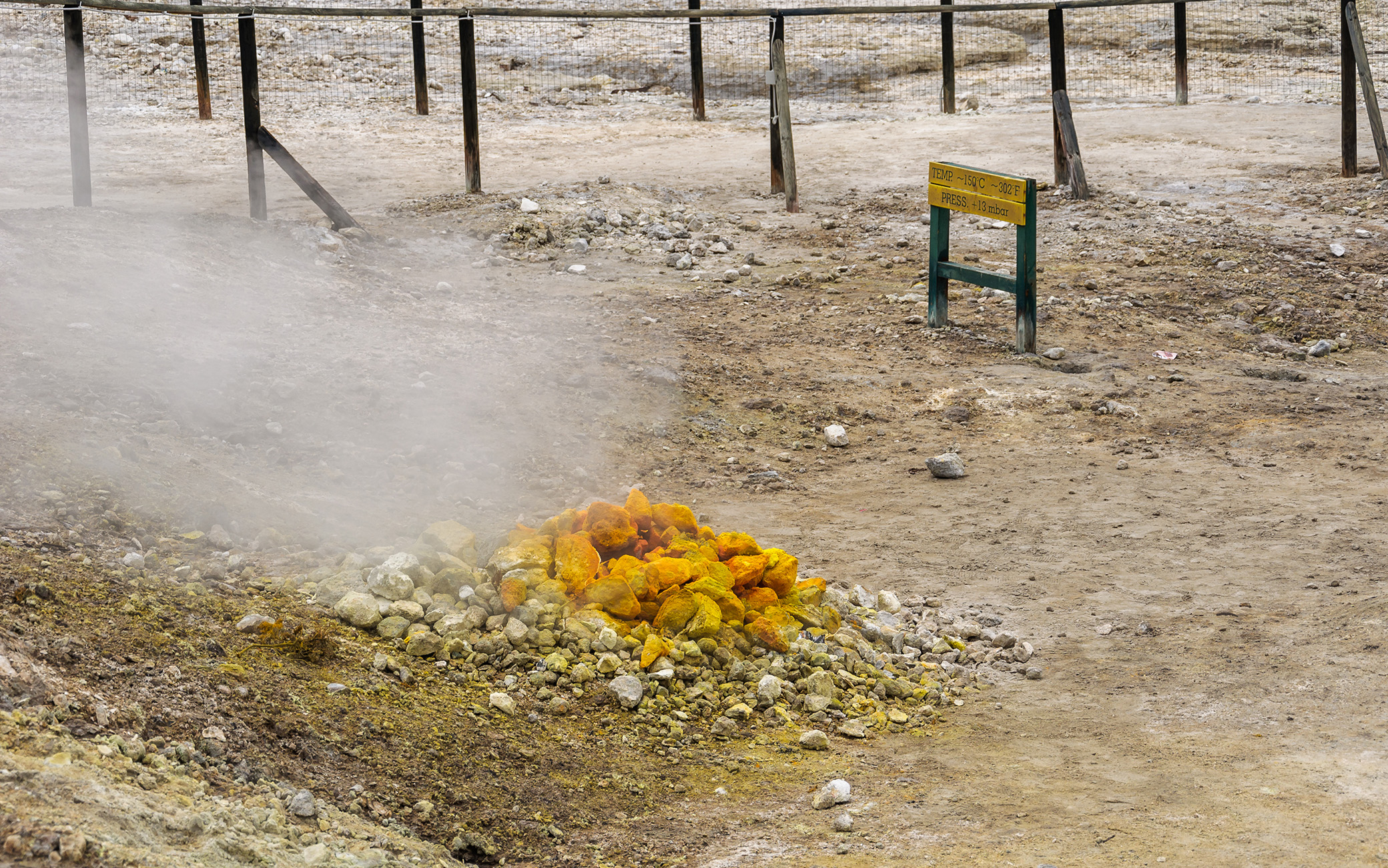 Solfatara is a shallow volcanic crater at Pozzuoli, near Naples, part of the Campi Flegrei volcanic area (from Wikipedia).