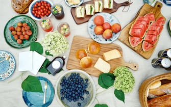 Directly above shot of summer picnic on blanket with food and fruit