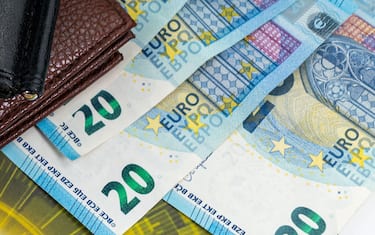 20 and 50 euro bills with currency symbol and wallet on the table