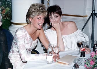 LONDON - SEPTEMBER 20: Lady Diana, Princess of Wales (1961 - 1997) laughs with American performer Liza Minnelli at a party following the charity film premiere of "Stepping Out", at the Langham Hilton Hotel on September 20, 1991 in London. (Photo by Dave Benett/Getty Images)