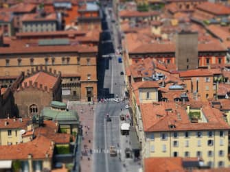 View of a street in Bologna, (Italy) from the Asinelli tower