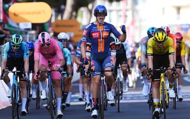 LECCE, ITALY - MAY 13: (L-R) Sam Bennett of Ireland and Team Decathlon AG2R La Mondiale, Mads Pedersen of Denmark and Team Lidl - Trek - Pink Leader Jersey, stage winner Casper Van Uden of Netherlands and Team Picnic PostNL and Olav Kooij of Netherlands and Team Visma | Lease a Bike sprint at finish line during the 108th Giro d'Italia 2025, Stage 4 a 189km stage from Alberobello, Pietramadre to Lecce / #UCIWT / on May 13, 2025 in Lecce, Italy. (Photo by Tim de Waele/Getty Images)