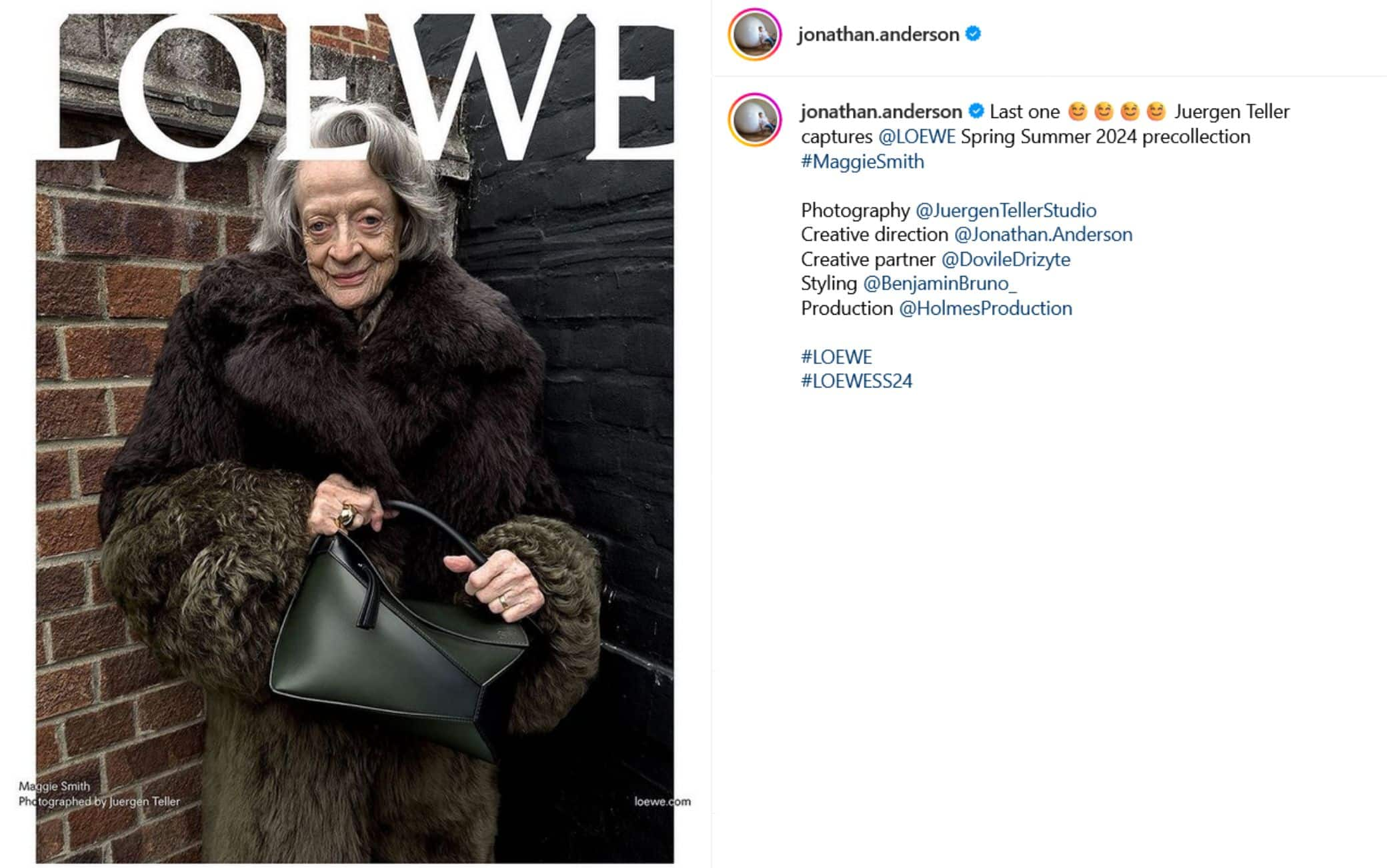 Loewe: Maggie Smith di Harry Potter è la modella del brand