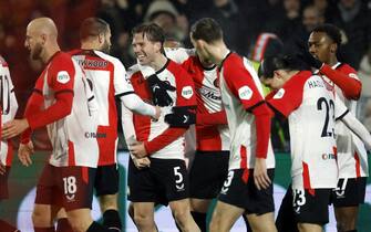 epa11845651 Players of Feyenoord celebrate the 1-0 lead during the UEFA Champions League soccer match between Feyenoord and FC Bayern Munich at Feyenoord Stadium de Kuip in Rotterdam, Netherlands, 22 January 2025.  EPA/MAURICE VAN STEEN