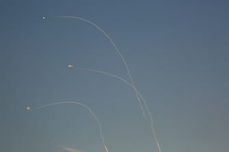 ASHKELON, ISRAEL - OCTOBER 16: A view of rockets fired from Gaza are being intercepted in the air by Israel's Iron Dome air defense system in Ashkelon, Israel on October 16, 2023. (Photo by Saeed Qaq/Anadolu via Getty Images)