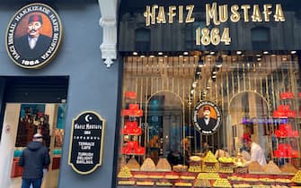 Istanbul, Türkiye – January 12, 2023: Hafiz Mustafa Turkish delights and baklava house since 1864 in the Golden Horn of Istanbul.