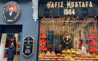 Istanbul, Türkiye – January 12, 2023: Hafiz Mustafa Turkish delights and baklava house since 1864 in the Golden Horn of Istanbul.