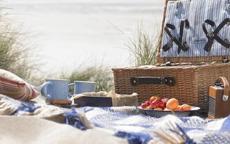 An open picnic basket and fresh fruit laid out on a blanket in the dunes of an idyllic beach setting.