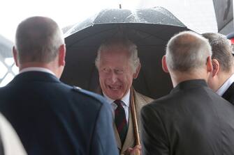 WICK, SCOTLAND - AUGUST 2: King Charles III during a visit to the 8 Doors Distillery in John O'Groats, Wick, in the Scottish Highlands, to officially open the distillery and meet members of the local business community on August 2, 2023 in Wick, Scotland. (Photo by Robert MacDonald - Pool/Getty Images)