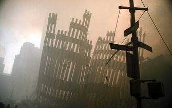 USA. New York City. September 11, 2001. Wreckage of World Trade Center on Cortlandt Street. 