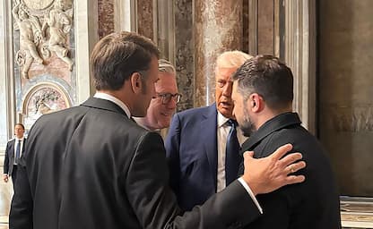 VATICAN CITY, VATICAN - APRIL 26: (EDITORâ  S NOTE: This handout image was provided by a third-party organization and may not adhere to Getty Imagesâ   editorial policy.) In this handout photo released by the Ukrainian Presidential Press Service, Ukraine's President Volodymyr Zelensky (R) meets with French President Emmanuel Macron (L), British Prime Minister Keir Starmer (2nd L) and U.S. President Donald Trump (2nd R) during Pope Francis's funeral at St. Peter's Basilica at the Vatican, on April 26, 2025 in Vatican City, Vatican. Pope Francis died on April 21st, aged 88. Anointed in 2013, Argentinian Jorge Mario Bergoglio was the first Latin American and Jesuit Pope. Taking the name Francis after St Francis of Assisi, he was a more humble Pope than many of his predecessors and will be buried outside of the Vatican in a simple wooden coffin at the Basilica Santa Maria Maggiore. (Photo by Ukrainian Presidential Press Service via Getty Images)