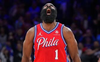 PHILADELPHIA, PA - MAY 08: James Harden #1 of the Philadelphia 76ers reacts against the Miami Heat in the second half during Game Four of the 2022 NBA Playoffs Eastern Conference Semifinals at the Wells Fargo Center on May 8, 2022 in Philadelphia, Pennsylvania. The 76ers defeated the Heat 116-108. NOTE TO USER: User expressly acknowledges and agrees that, by downloading and or using this photograph, User is consenting to the terms and conditions of the Getty Images License Agreement. (Photo by Mitchell Leff/Getty Images)