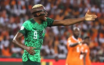 epa11146078 Victor Osimhen of Nigeria reacts during the CAF 2023 Africa Cup of Nations final match Nigeria vs Ivory Coast in Abidjan, Ivory Coast, 11 February 2024.  EPA/LEGNAN KOULA